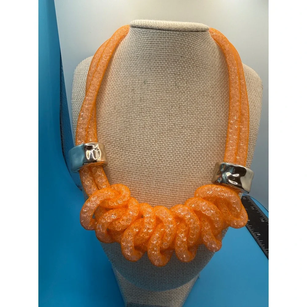Orange Mesh Knotted Statement Necklace Silver Tone Slides Adjustable Bold‎ Boho